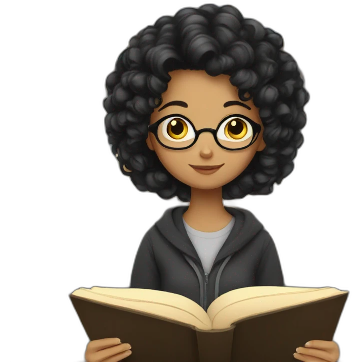 girl with black curly hair reading a book emoji