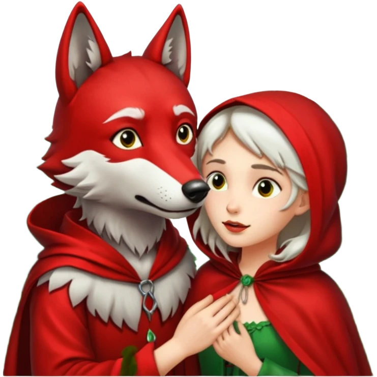 Caperucita roja acariciando la cabeza de un lobo macho en un bosque emoji