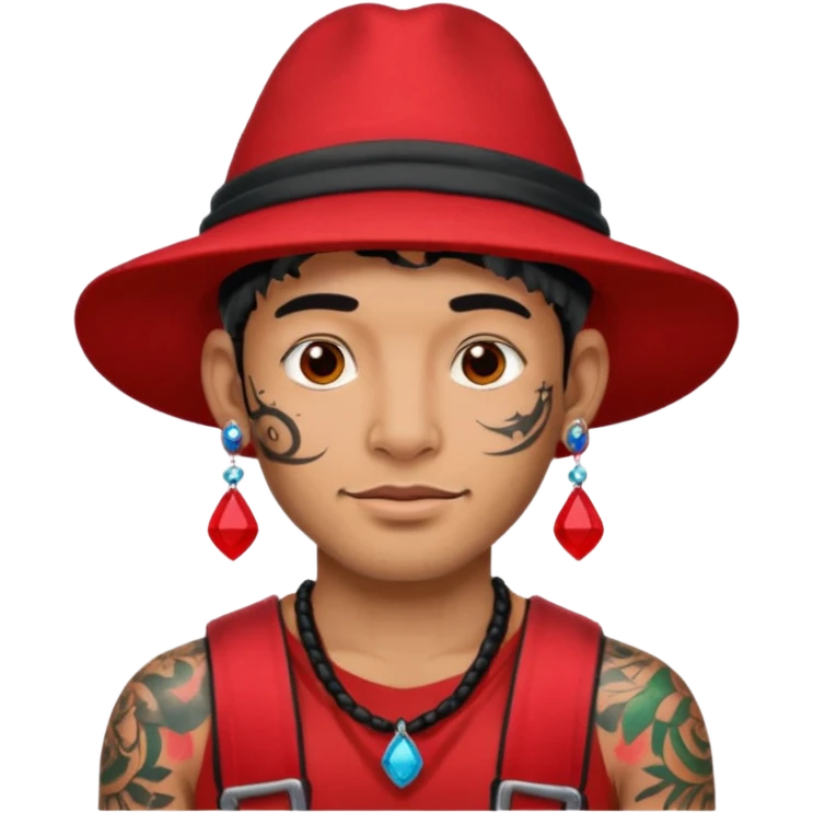 unique looking tourist with big unique red tourist hat and earrings, man with lots of tattoes emoji