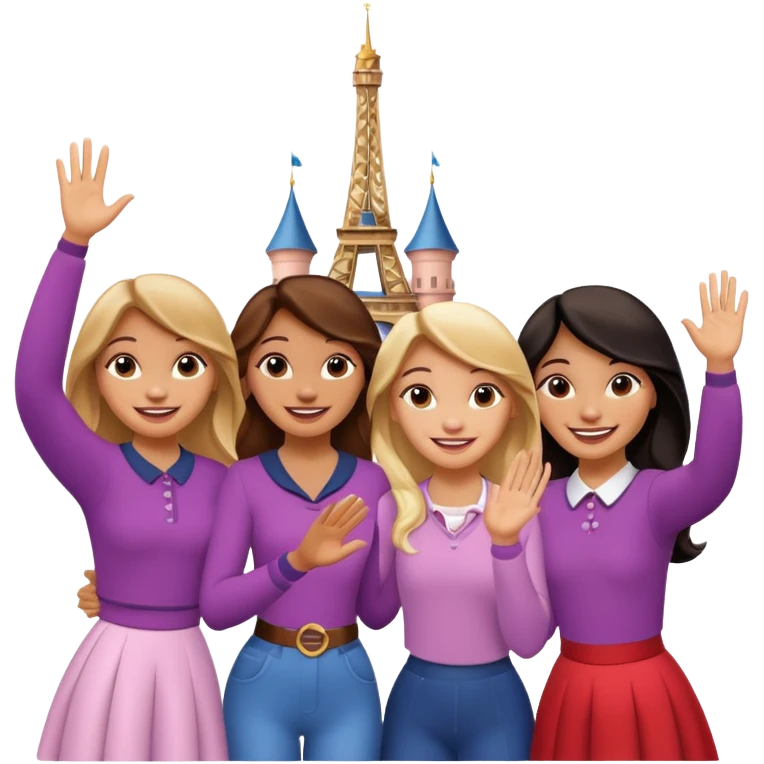 quatro chicas montadas en una atraccion de Disney paris levantando la mano sin el castillo detrás ni nada emoji