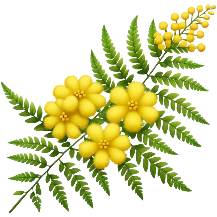 Cinematic Realistic Acacia Emoji, Bright and cheerful, with clusters of fluffy yellow flowers blooming along delicate branches. The wattle’s soft, fern-like leaves sway in the breeze, radiating a sense of warmth and joy. Soft glowing outline, capturing the essence of Australian sunshine, warmth, and beauty in a vibrant acacia tree! emoji