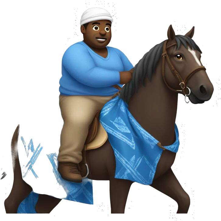 Fat black man wearing dirty blue bandannas and clothes riding a horse emoji
