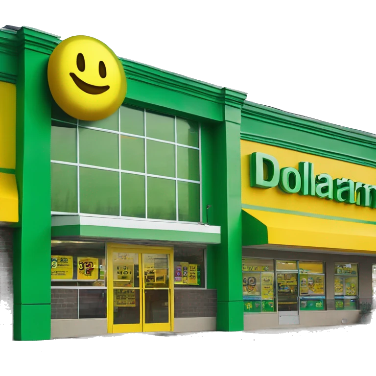“Exterior of a Dollarama store with the bright green facade, bold yellow Dollarama sign, large front windows, and entrance doors, capturing the look of a budget-friendly retail store.” emoji