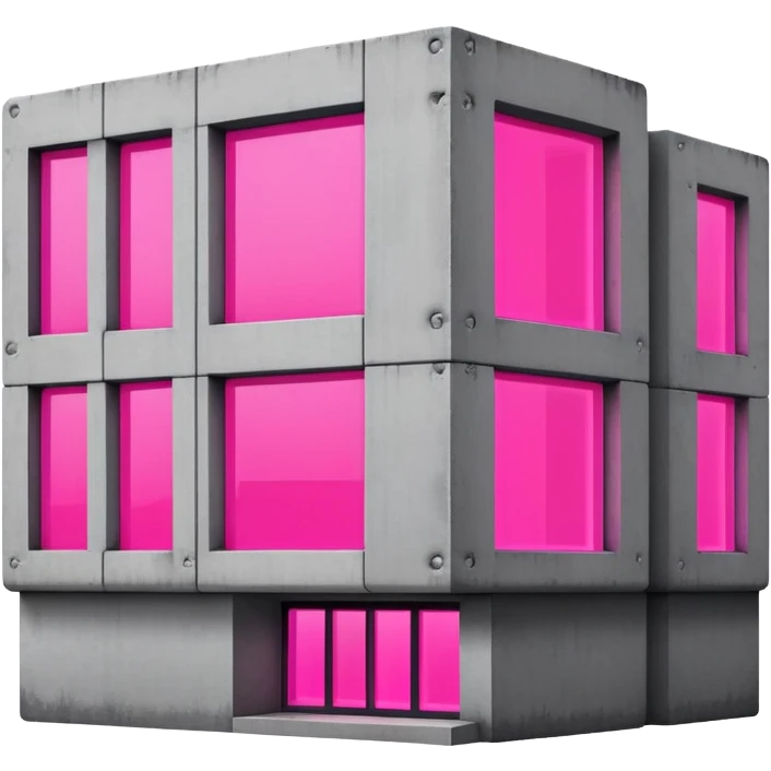 brutalist gray concrete block building with one neon pink window emoji