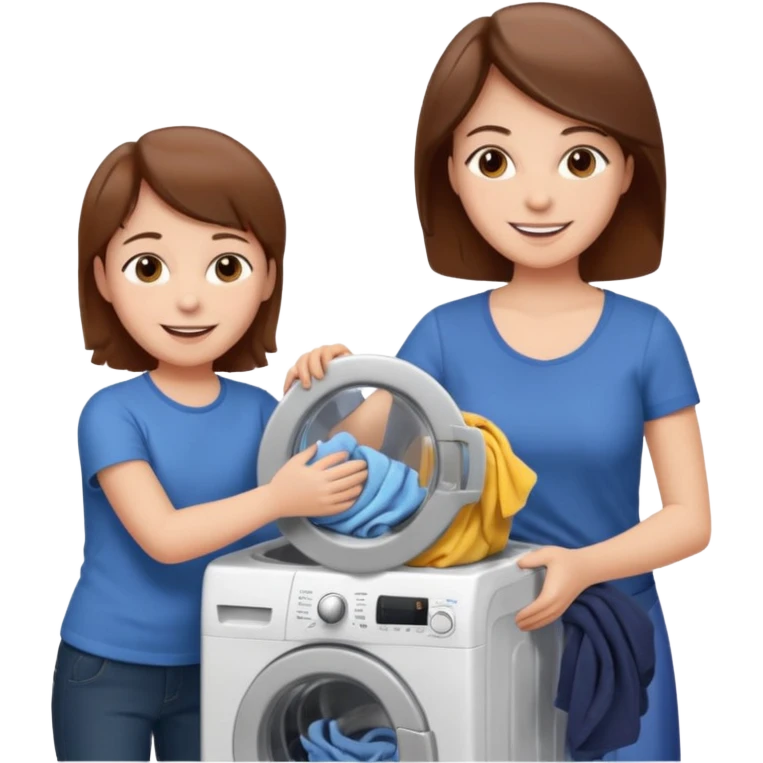 Mother and little son with brown hair putting clothes in the washing machine emoji