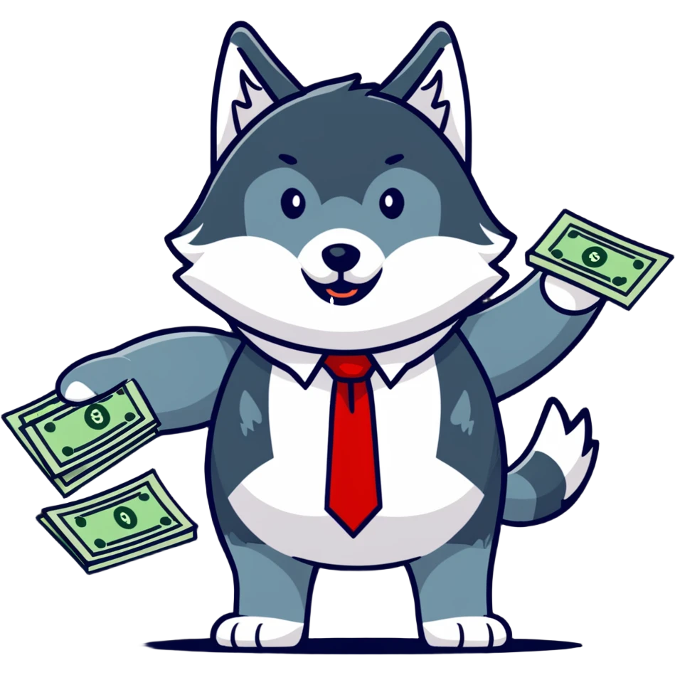 Wolf in football jersey and business tie throwing cash, stock market charts background emoji
