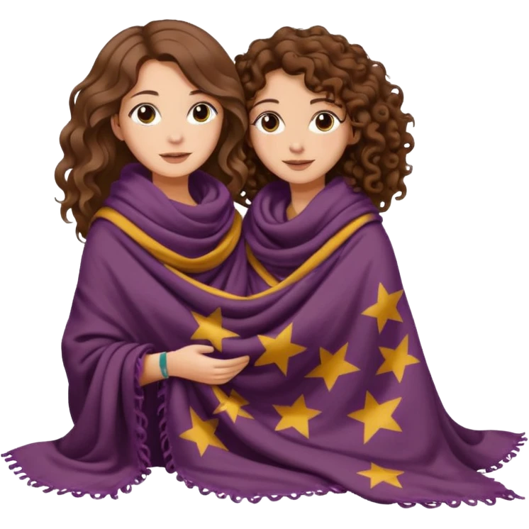 star blanket scene — long wavy brown hair tattooed woman and short tight curly brown hair woman — sharing oversized scarf blanket emoji