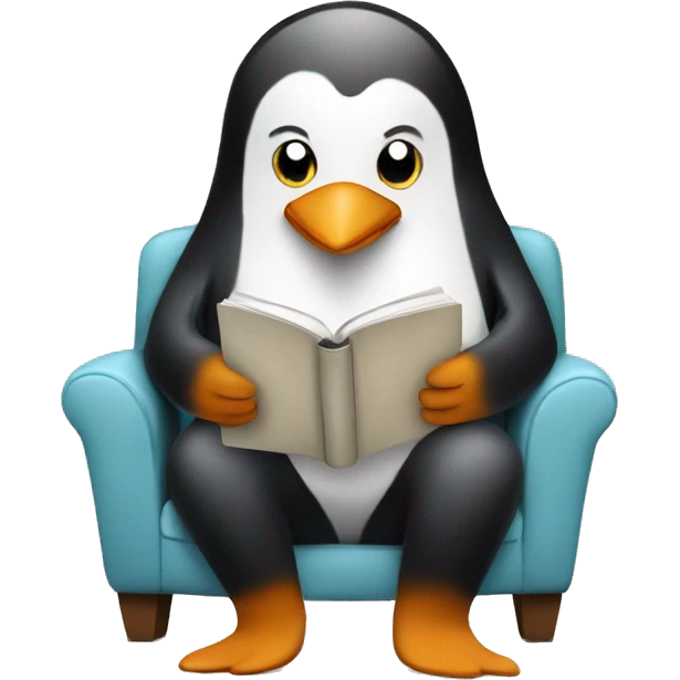 A penguin reading a book and drinking coffee while sitting on a cozy chair emoji