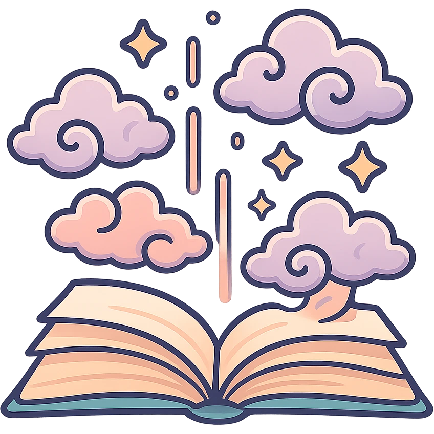 open book with magic flying out — clouds, glowing lines, stars, Chinese eastern style, thin clean outlines, soft rounded shapes, pastel palette #98B5BC, #B5B3C1, #C9A3C9, #E4C0CA, #F7DCD1, #F7C0AA, detailed shadows and highlights, soft lighting, transparent background, no decorative elements emoji
