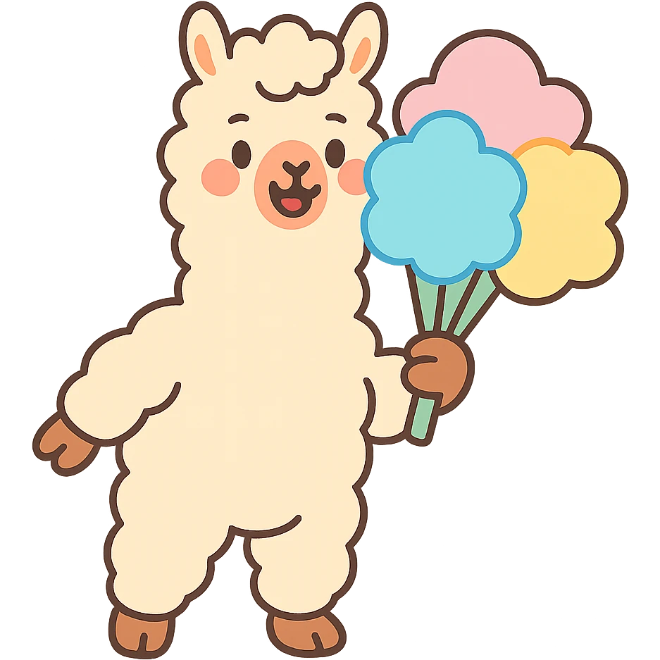 alpaca holding cotton candy bouquet in pastel-toon style emoji