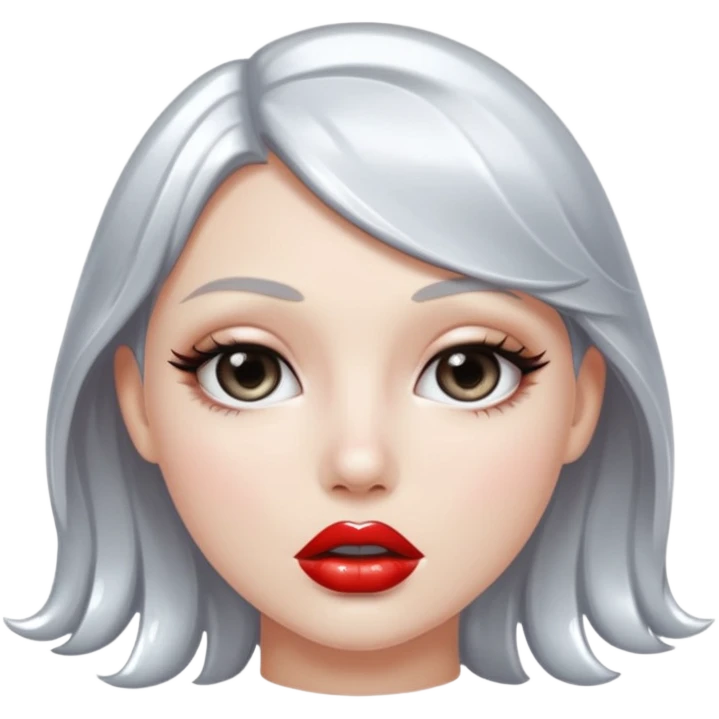 slightly parted lips, silver chrome material, glossy wet shine, seductive aesthetic emoji