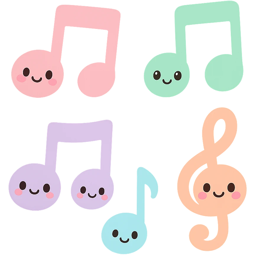 colorful music notes, kawaii style, cute faces, pastel colors emoji