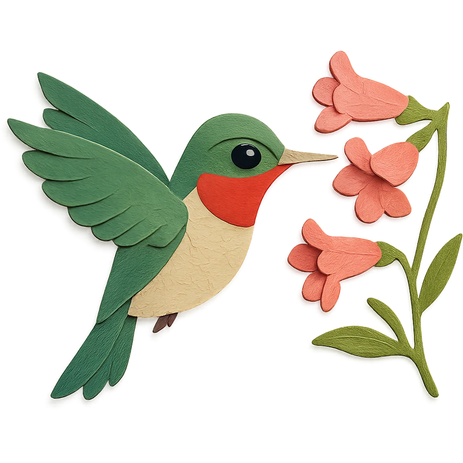 ruby-throated hummingbird in flight, delicate paper layers, hovering near pink flowers, expressive eye emoji