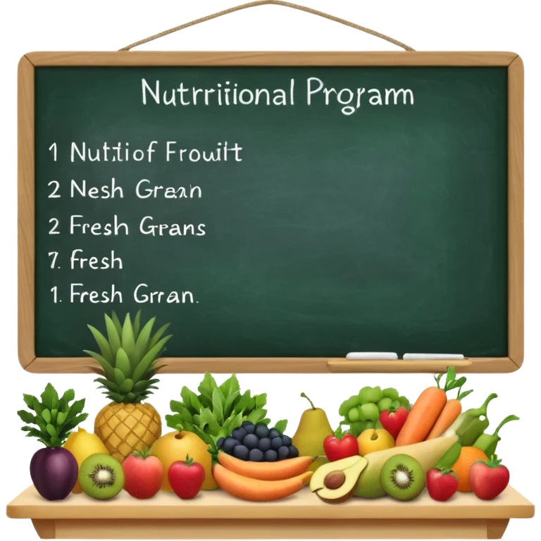 Il programma nutrizionale in studio con alimenti e una lavagna con scritto programma nutriizonale emoji