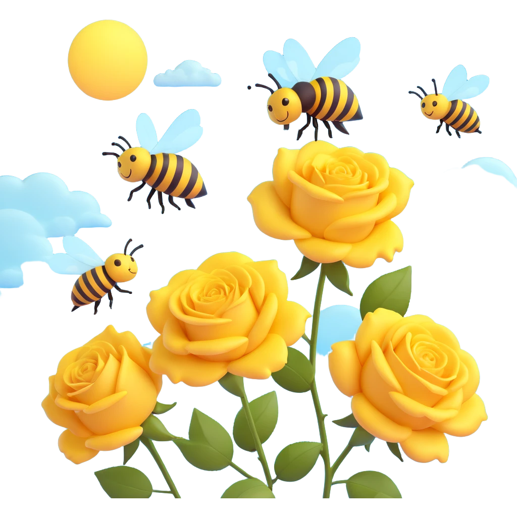 Polaroid photo with yellow roses and two cartoon bees, stylized yellow sky with sun and clouds, matching the reference image's composition and colors emoji