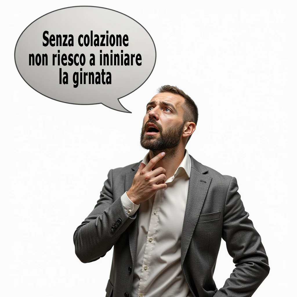 hyperrealistic 4K man isolated on white background, speech bubble saying 'Senza colazione non riesco a iniziare la giornata', worried expression, realistic details, different pose, variant 7 emoji