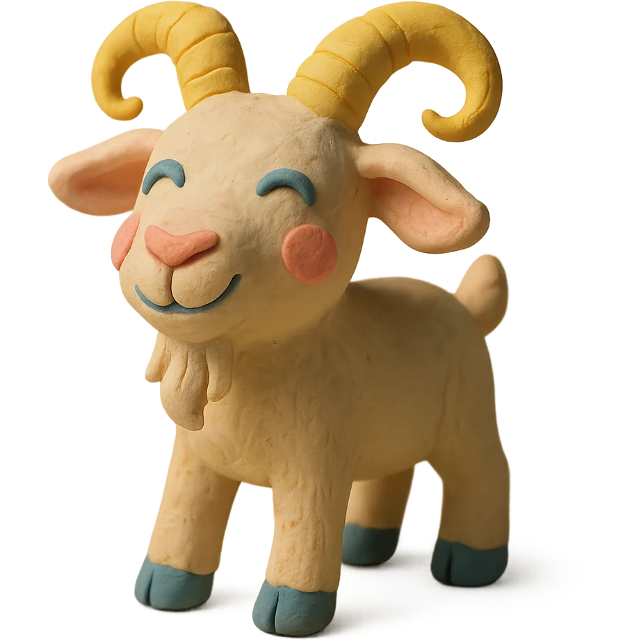 playful goat with curved horns, soft pastel colors, hand-molded details, claymation style emoji