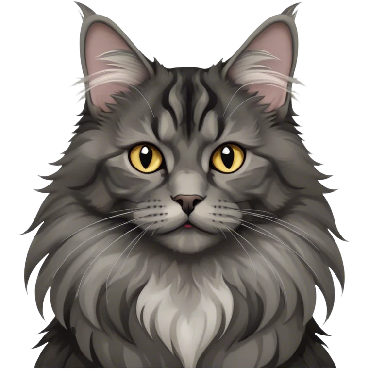 Hobby cats, Maine Coon, black smoke color pattern, fluffy fur, elegant pose, expressive eyes, grey collar, grey pronounced ear tufts, minimalistic, on a white background, no extra details. emoji