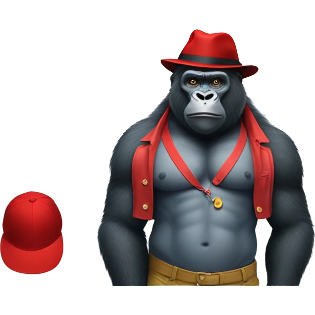 gorilla in paddington bear's  blueclothes and red hat, full body musular  emoji