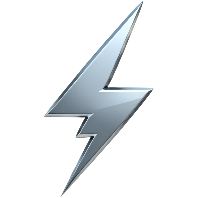 A lightning bolt emoji made of polished silver chrome, sharp yet rounded edges, glossy metallic surface, soft reflections, minimal futuristic design, iOS emoji style, centered, clean white background emoji