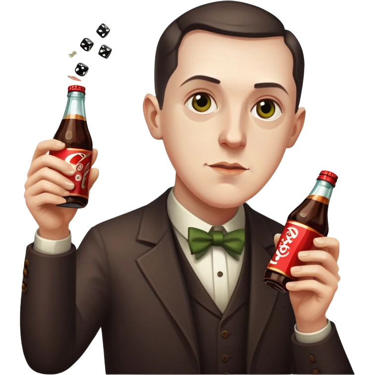 writer Lovecraft holding a bottle of cola and throwing dice, emoji style, more dramatic expression emoji