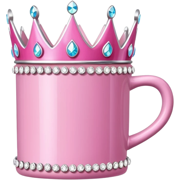 Hyperrealism, Pink coffee mug with detailed sparkly tiara embellishment, isolated, still life, 600dpi emoji