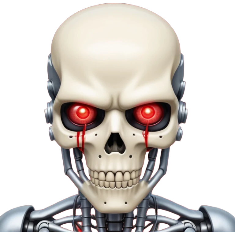 Terminator close-up, realistic, red glowing eye, damaged skin revealing endoskeleton, inspired by the 'I'll be back' scene emoji