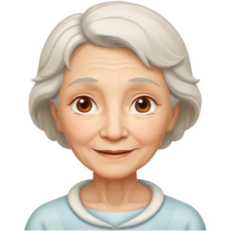 old woman with soft and warm smile, looking calm and friendly, low eyes corner looking like an angel emoji