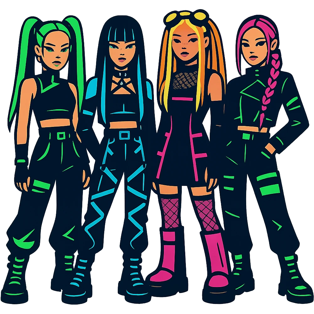 Blackpink in cyber goth style, neon highlights, futuristic dark fashion emoji