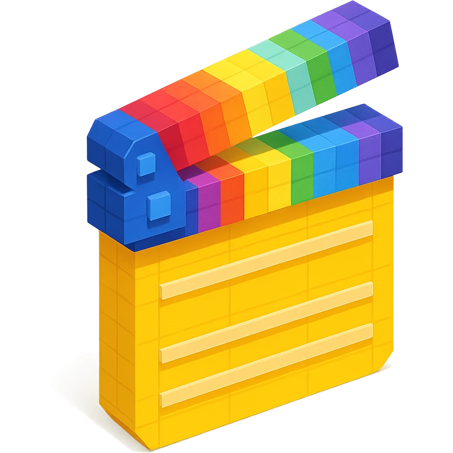 voxel style movie clapperboard with rainbow stripes, isometric view emoji