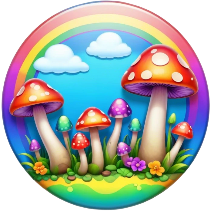 A round psychedelic colored button with bezeled edges and rainbow colored mushrooms emoji