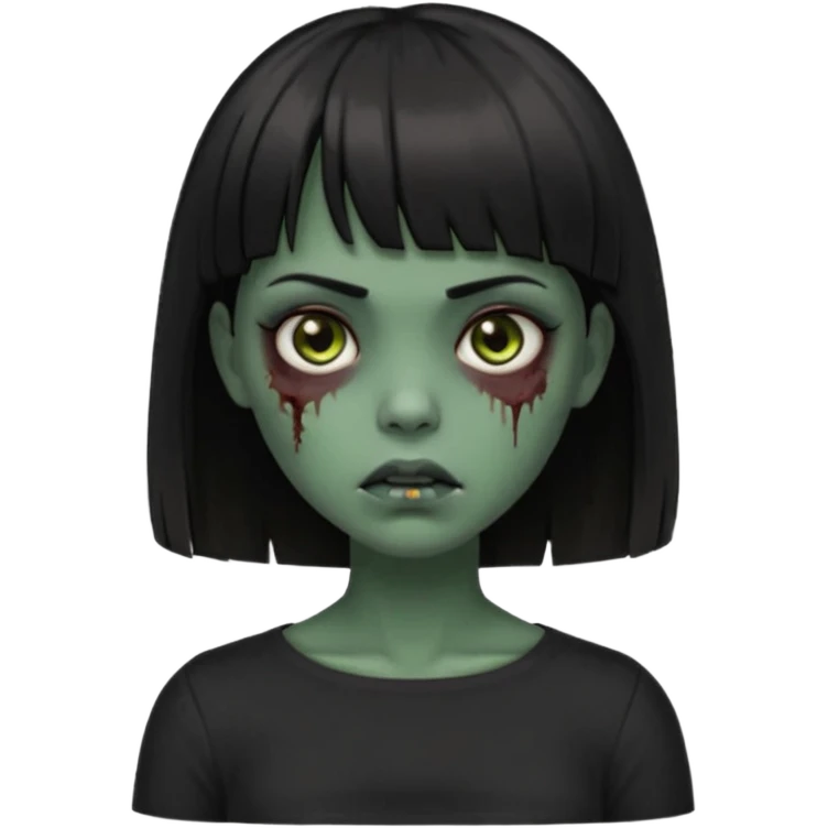 Zombie girl emoji verde escuro com cabelo curto liso preto no ombro e franja na altura da sobrancelha cobrindo completamente a testa, com uma blusa preta, olhos castanhos escuros emoji