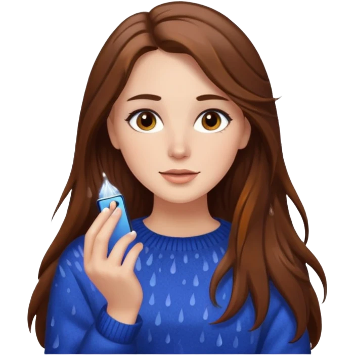 white woman with long brown hair and brown eyes, wearing a sweater, enjoying the rain, with visible makeup emoji