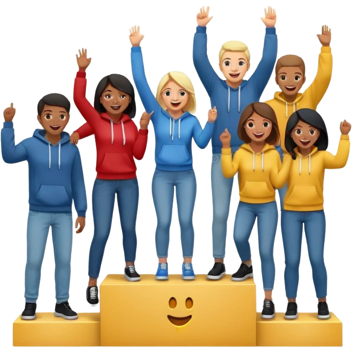 multi-racial people in jeans and hoodies on a winners’ podium, middle step higher, excited, fun, expressive emoji style emoji