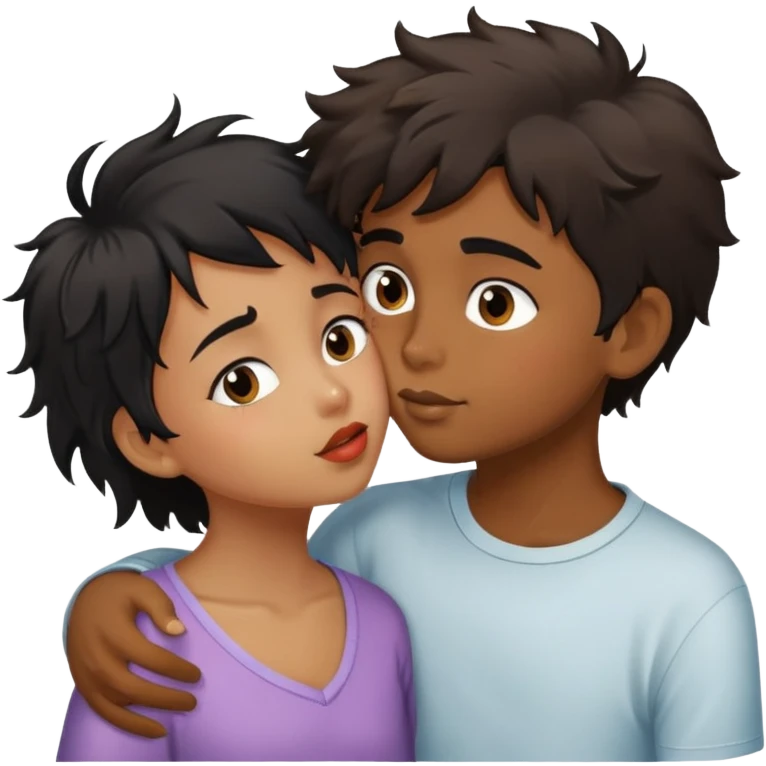 Un niño moreno con el pelo desordenado dándole un beso a un niña de pelo negro medio corto emoji