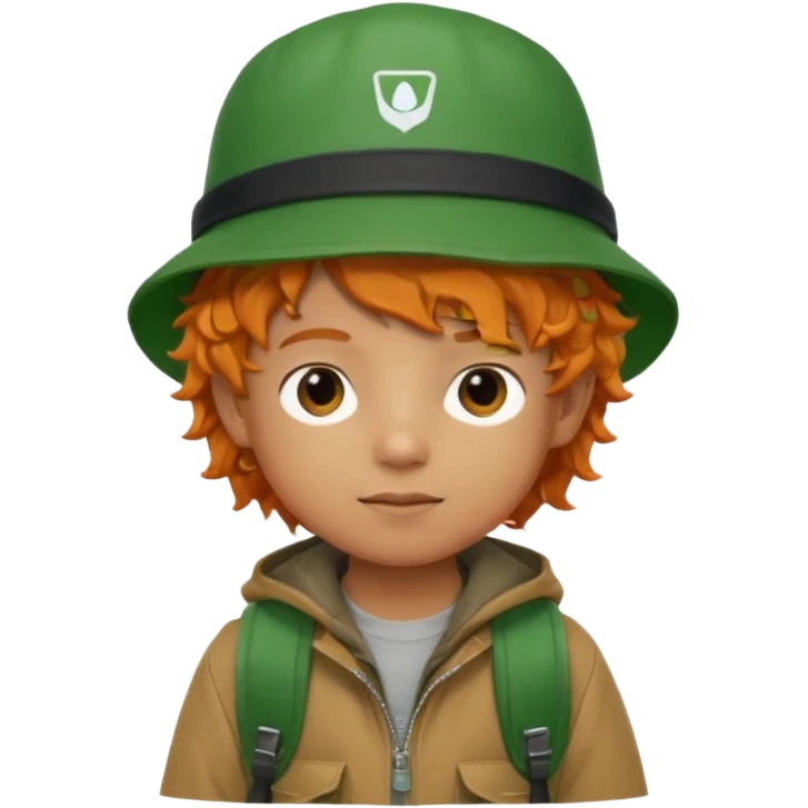 A little boy student curly orange hair, with green bucket hat, brown jacket, backpack emoji