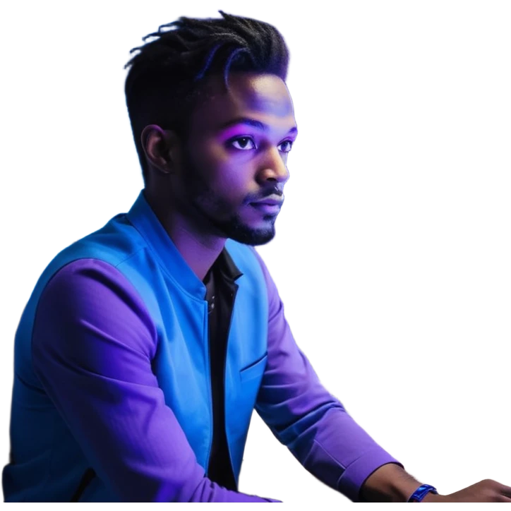 Développeur homme noir, dans un espace de coworking moderne, lumière néon bleue et violette, reflet sur son visage concentré, code affiché sur plusieurs écrans, légère profondeur de champ, ambiance professionnelle, style cinématique 4K, détails précis, peau naturelle, contraste fort. emoji