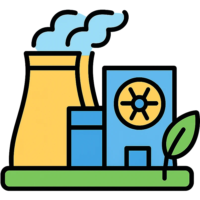 isometric icon of a modern nuclear power plant facility, green energy, simple shapes, minimalistic emoji