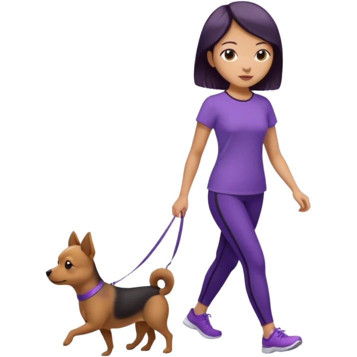 Chinese woman wearing purple top and black leggings walking 1 small brown dog emoji