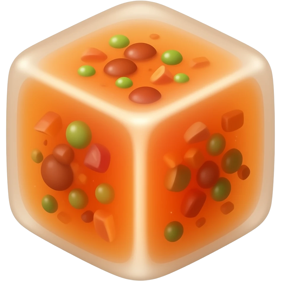 A Soup but frozen in a cube. Blend the Cube with the soup. Add some veggies. The ice cube should be the soup and there should be no ceramic. Get the outwards of the icecube to match the color of the inner soup content. Orange toned emoji