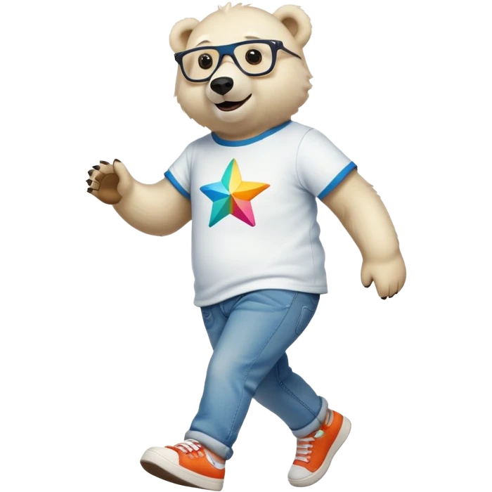friendly anthropomorphised polar bear walking, excited expression, wearing shirt, jeans, trainers, oversized colorful star glasses emoji