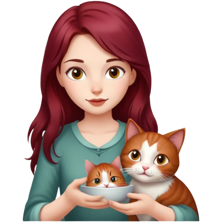 Beautiful, long, burgundy haired girl, feeding cat emoji