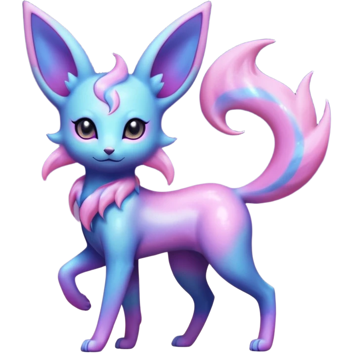 Shiny Iridescent Nebulae Espeon-Umbreon-Sylveon-Fakémon-hybrid-creature (full body)  with a galaxy-dust-flowing-gradient-tail emoji