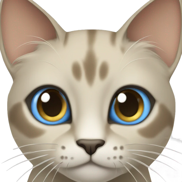Thai breed cat with a light cream-brown body, dark gray face, ears, and paws. Short fur, sharp ears, and striking light blue eyes with an intense gaze. emoji