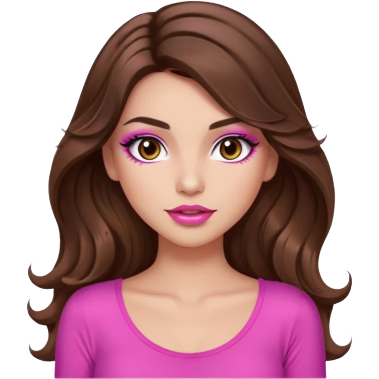 girl with long wavy brown hair, brown eyes, long lashes makeup, sexy pink lips, light to medium complexion, wearing a pink sexy top emoji