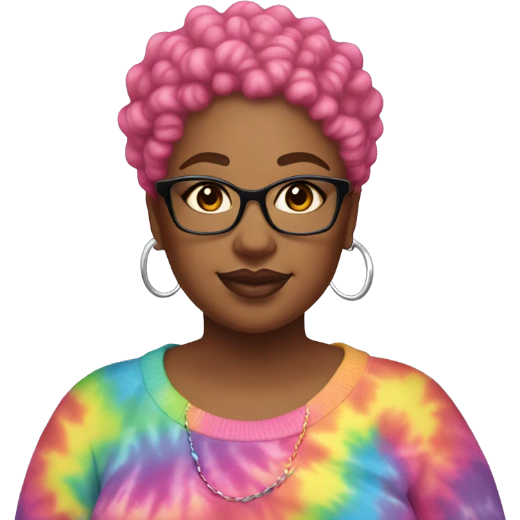 Plus size black woman with pink curly pixie cut hair and a rainbow tie dye sweater  emoji
