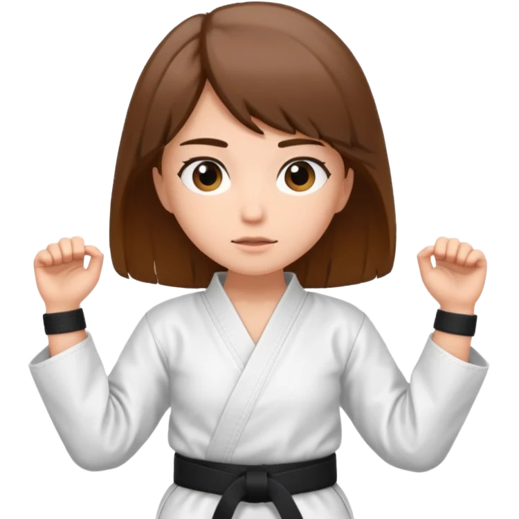 Ragazza castana che pratica karate, ha la cintura nera ed io tradizionale kimono bianco del karate, tira un calcio laterale oppure un pugno oppure è in posizione di guardia emoji