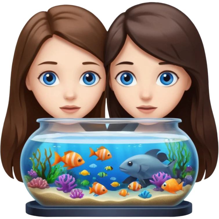 two brunette girls long hair blue eyes looking into an aquarium sea life viewing emoji