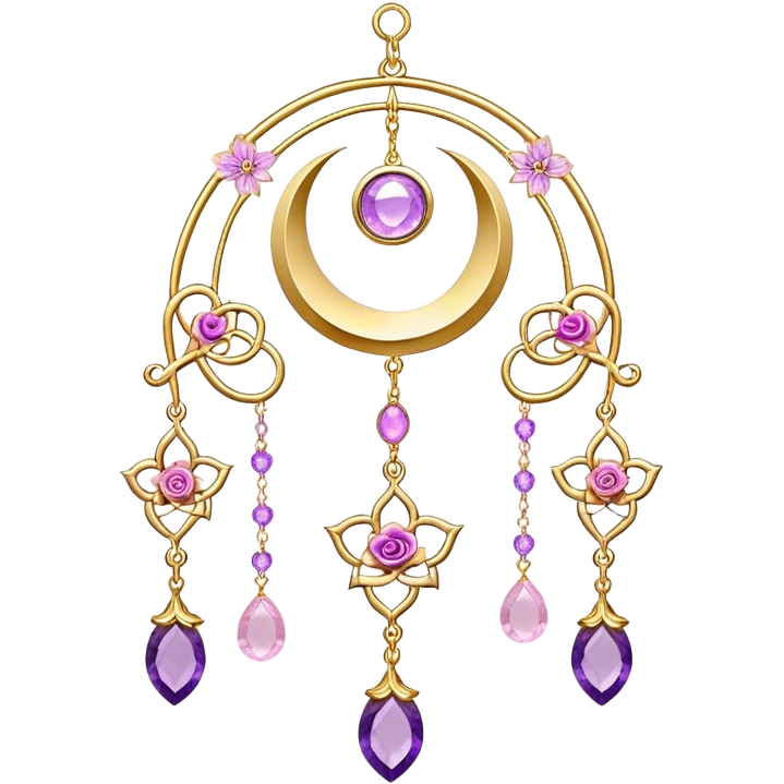 Epic beautiful gorgeous cute gold suncatcher, threads with shiny sparkly amethyst and rose-quartz gemstones, flowers, crescents-moons emoji