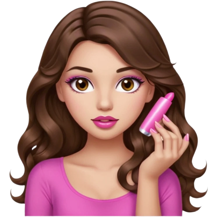 girl with long wavy brown hair, brown eyes, light to medium complexion, in a pink sexy top, pink lips, long lashes, puckered lips, showing my manicure emoji